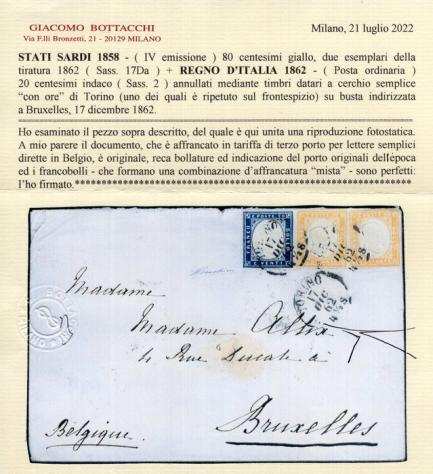 Italia Regno 18581862 - Affrancatura mista con 2 es. del c.80 di Sardegna  c.20 indaco di Regno - molto bella e rara - Sass. Ndeg 17Da2