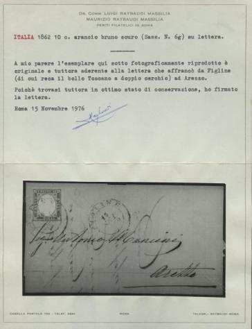 Italia Regno 1862 - 10 centesimi bistro arancio su lettera da Figline per Arezzo del 18 settembre 1862. Certificato - Sassone n.1g