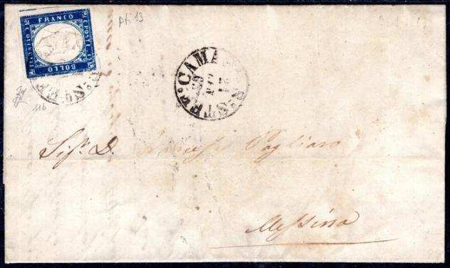 Italia Regno 1863 - c.15 tipo sardo usato con ottimi su lettera con testo , annullo in punti 13 - qualitagrave lusso - Sass. ndeg11b