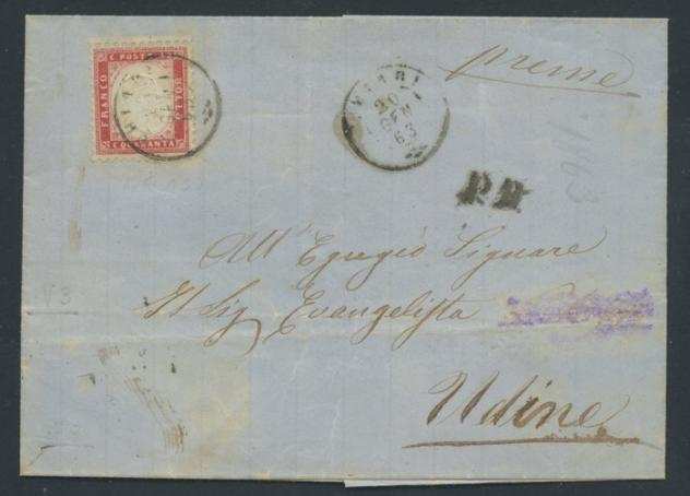 Italia Regno 1863 - Lettera da Chiari per Udine del 20 gennaio 1863 affrancata con 40 cent isolato prima emissione - Sassone N.3