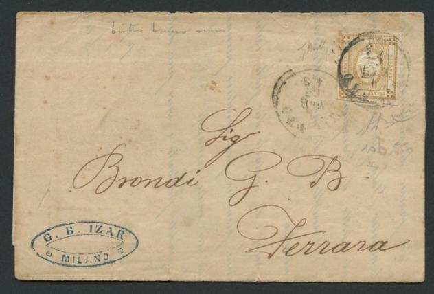 Italia Regno 1863 - Lettera da Milano per Ferrara del 1 maggio 1863 affrancata con 2 cent per le stampe bistro bruno - Sassone N.2b