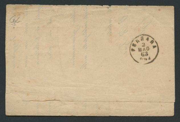 Italia Regno 1863 - Lettera da Milano per Ferrara del 1 maggio 1863 affrancata con 2 cent per le stampe bistro bruno - Sassone N.2b