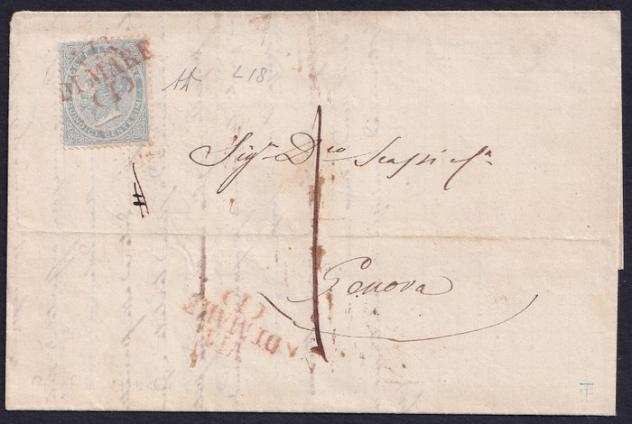 Italia Regno 1864 - Regno dItalia - Lettera da Oneglia a Genova Via di Mare con 15 Centesimi DLR - Sassone N. L18