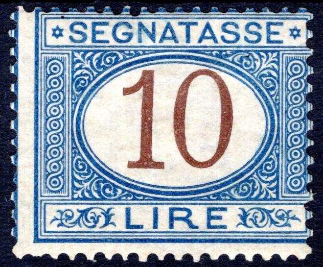 Italia Regno 1870 - segnatasse - L.10 azzurro e bruno, nuovo con gomma originale - ottima qualitagrave - Sass. ndeg 14