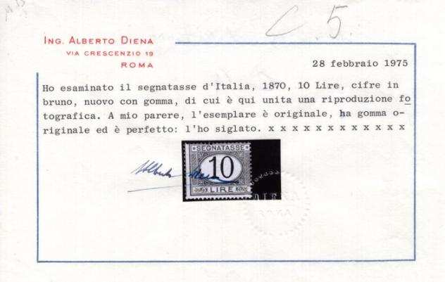 Italia Regno 1870 - segnatasse - L.10 azzurro e bruno, nuovo con gomma originale - ottima qualitagrave - Sass. ndeg 14