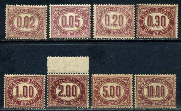 Italia Regno 1875 - Servizio, serie completa di 8 valori ben centrati. Periziato il 5 lire - Sassone N. 18