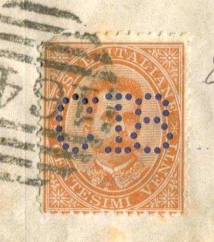Italia Regno 1887 - C18 perforato su 20c Umberto I, francalettere applicato su apposita busta pubblicitaria - Sassone 4
