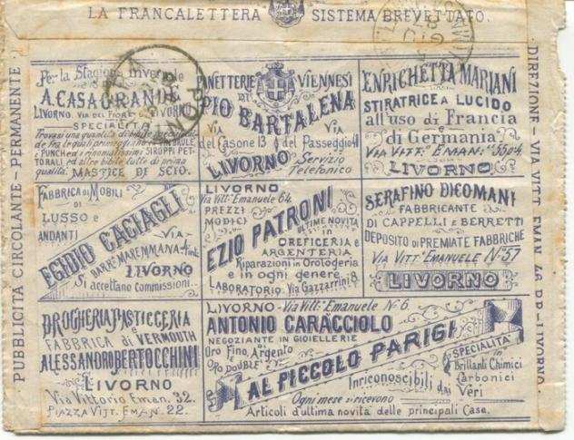 Italia Regno 1887 - C18 perforato su 20c Umberto I, francalettere applicato su apposita busta pubblicitaria - Sassone 4