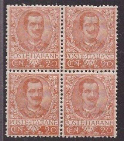 Italia Regno 1901 - 20 centesimi Floreale in quartina ottimamente centrata - Sassone N. 72