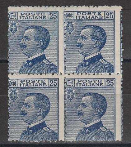 Italia Regno 19081925 - Michetti 25 c. e 30 c. in quartina con decalco - varietagrave - Sassone nn. 83p e 185g