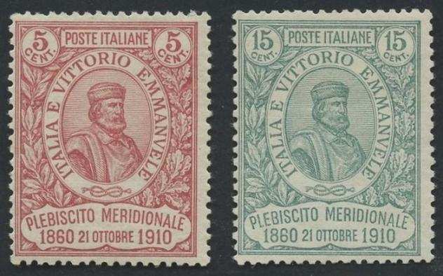 Italia Regno 1910 - Cinquantenario del risorgimento in Sicilia, effige di Garibaldi 2 valori da 5 e 15 cent nuovi con - Sassone n. 89, 90