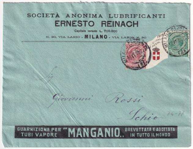 Italia Regno - 1915 18 Ott Leoni 510 c. Perfin con erinnofilo al centro a mo di interspazio quotLItalia segrave destaquot