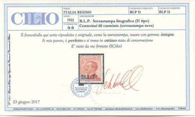 Italia Regno 1922 - BLP 60 cent carminio sovrastampa nera litografica II tipo - Sassone 3