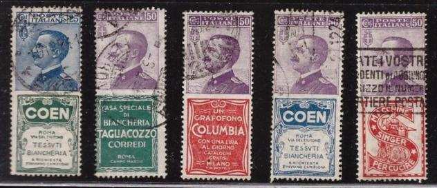 Italia Regno 1924 - cinque esemplari francobolli Pubblicitari usati