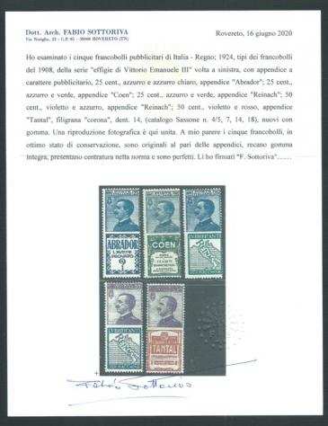 Italia Regno 1924 - Collezione completa francobolli PUBBLICITARI in ottimo stato di conservazione MNH con certificati - Sassone NN. 121