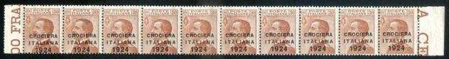 Italia Regno 1924 - Crociera Italiana, 30 centesimi con soprastampa obliqua. Bella striscia di 10 esemplari. - Sassone N. 163ba
