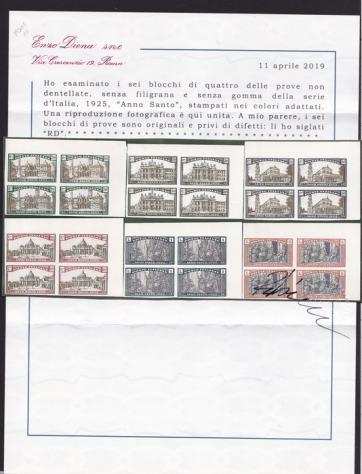 Italia Regno 1925 - Prove di stampa - Anno Santo la serie completa in quartine nei colori adottati non dentellati - Sassone 169 - 174 prove