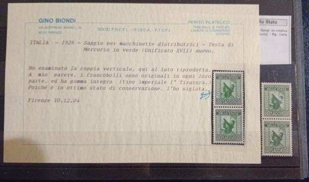 Italia Regno 1928 - Coppia verticale, Saggio Testa di Mercurio verde