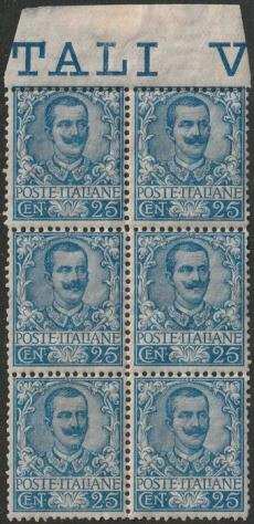 Italia Regno 1929 - Floreale 25 c. azzurro Blocco di 6 Sass 73 Bdf MNH Certificato ED raro