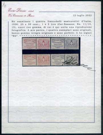 Italia Regno 1936 - Assicurativi per Pacchi 4 valori della serietta. Cert. R. Diena - Sassone N. 1113  15