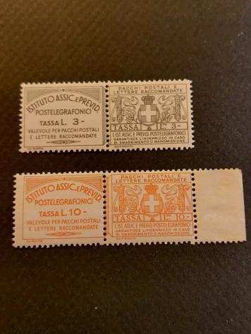 Italia Regno 1936 - Francobolli assicurativi 3 lire grigio oliva e 10 lire vermiglio - Sassone NN. 15 e 16