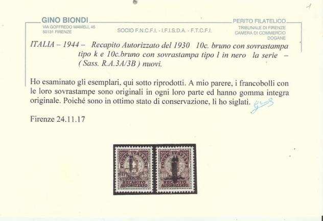 Italia Regno 1944 - 1944 Regno d Italia R.S.I. Recapito Autorizzato 2v sovrastampati n.e.