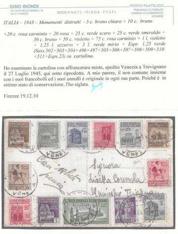 Italia Regno 1945 - Monumenti distrutti - Sassone serie n. 113 completa - valore catalogo 2.629 euro