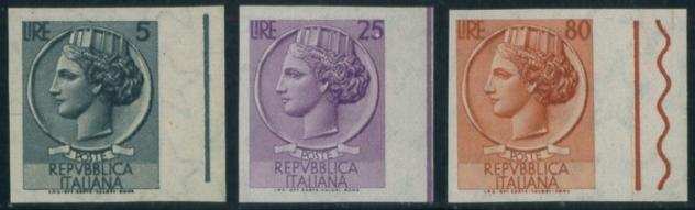 Italia Regno - Siracusana lire 5, 25 e 80 n. 762  769  776, tutti non dentellati. (cert. Chiavarello).