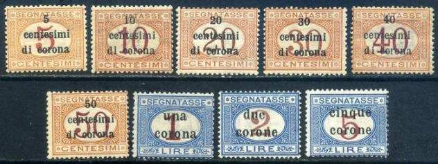 Italia Trento e Trieste 1918 - Segnatasse soprastampati con valore in corone, serie completa di 9 valori. Certificata - Sassone T 19