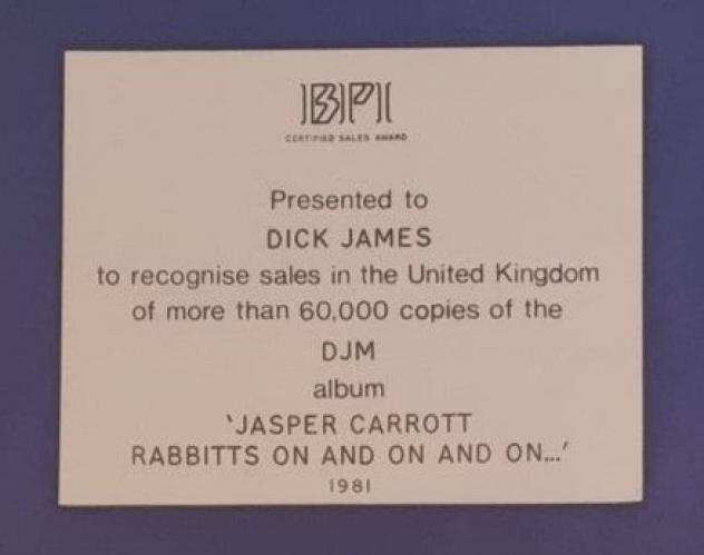 JASPER CARROTT BPI Silver Album Record Award - Oggetto decorativo - 1981
