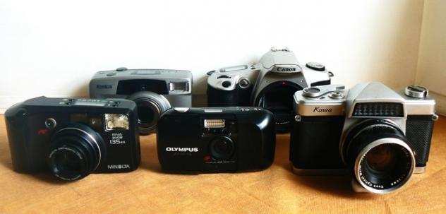 Kowa, Minolta, Canon, Olympus, Konica  lot of 5 Japanese cameras, almost all born in the late 19902000s  Fotocamera analogica