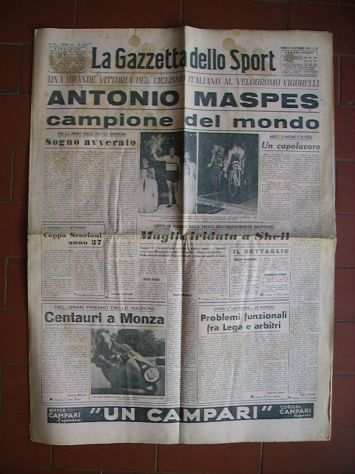 LA GAZZETTA DELLO SPORT 3-9-1955 ANTONIO MASPES CAMPIONE DEL MONDO DELLA VELOCIT
