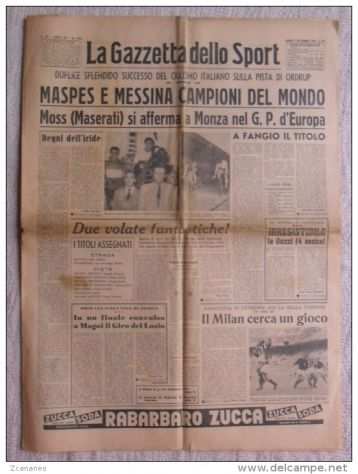 LA GAZZETTA DELLO SPORT 3-9-1956 MASPES E MESSINA CAMPIONI DEL MONDO DELLA VELOC