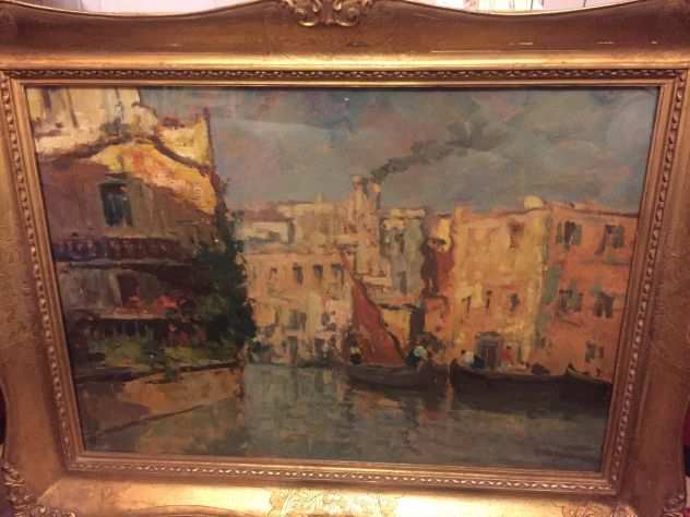 LEONARDO BAZZARO (1853-1937) OLIO SU TAVOLA CANALE DI CHIOGGIA 800900