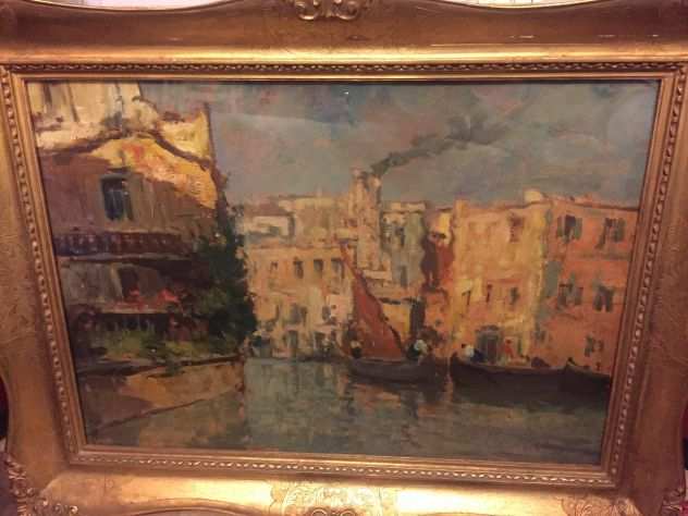 LEONARDO BAZZARO (1853-1937) OLIO SU TAVOLA CANALE DI CHIOGGIA 800900