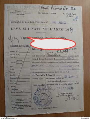 LEVA DEI NATI DEL 1929 - CONSIGLIO DI LEVA MILANO . RIVEDIBILITA FINALE EMILIA