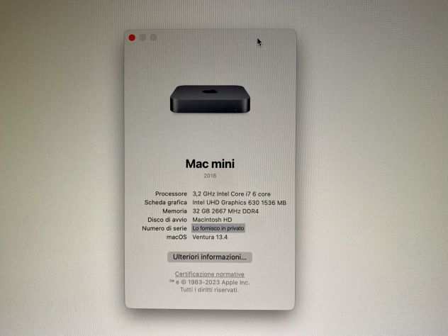 Mac mini con scheda madre nuova  3,2Ghz Intel i7  Memoria 32GB  SSD 256 GB