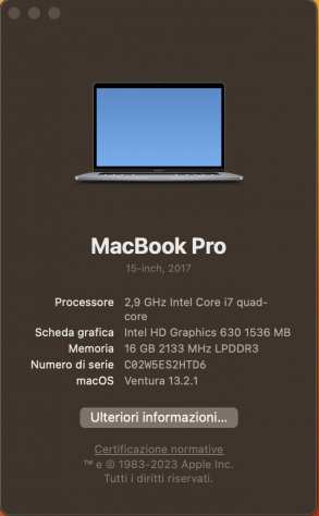 MacBook Pro 15quot SSD 512 - i7 2,9 Ghz - 16 Gb ram - Grigio Siderale