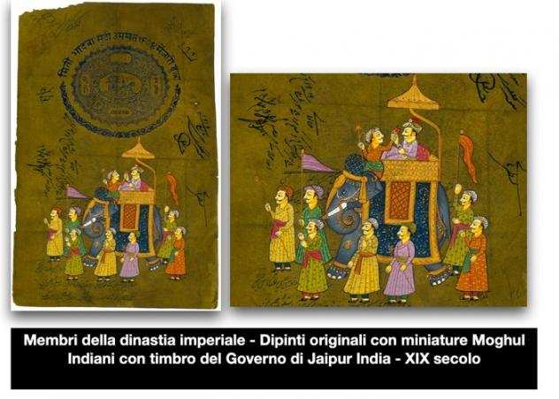 Manuscript - Miniature Moghul - Dipinti Originali raffiguranti Membri della Dinastia Imperiale - 19deg Secolo - 1800