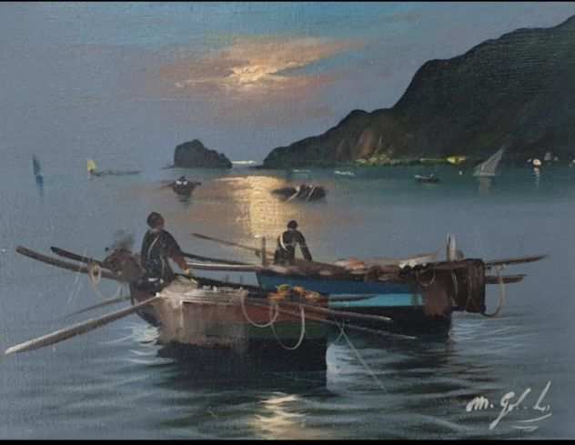 Mario Galanti olio su tela 50x70 pescatori al tramonto