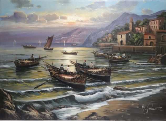 Mario Galanti Tramonto con Pescatori a Positano olio su tela 50x70
