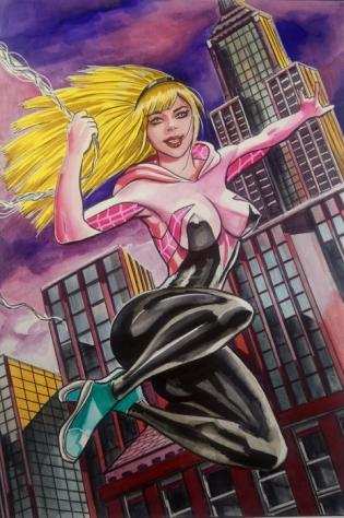 Marvel - illustrazione originale G.Candita quotSpider-Gwen Fly over Manhattan quot - 1 Illustrazione originale - Copia unica2023