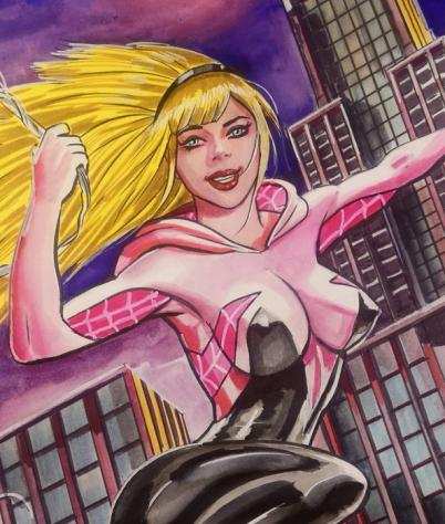 Marvel - illustrazione originale G.Candita quotSpider-Gwen Fly over Manhattan quot - 1 Illustrazione originale - Copia unica2023