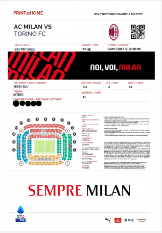 N.3 Biglietti Milan Torino 26 Agosto 2023