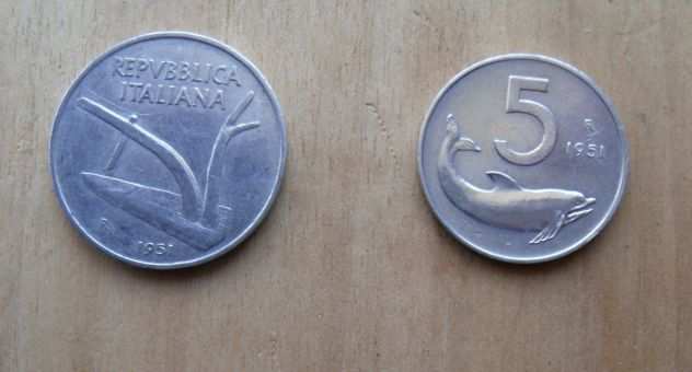 Ndeg 2 MONETE DA 5 E 10 LIRE DEL 1951 DELLA REPUBBLICA ITALIANA -