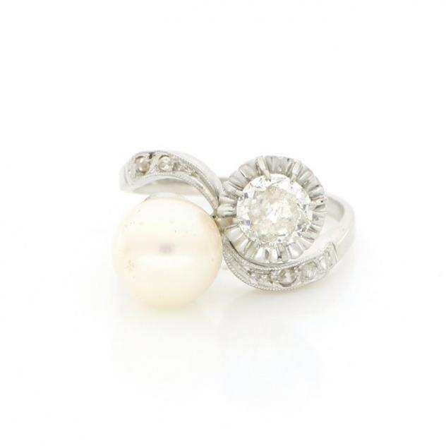 No reserve price - 18 carati Oro bianco, Perla Akoya - Anello - 0.50 ct Diamante