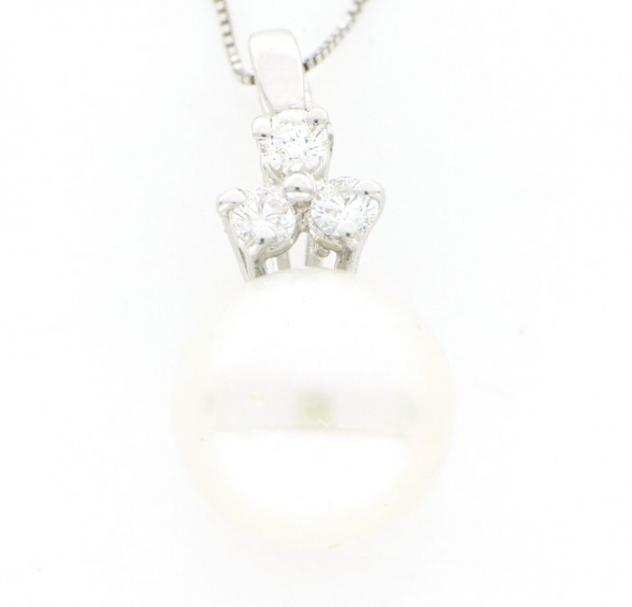 No reserve price  - 18 carati Oro bianco, Perla Akoya - Collana - 0.21 ct Diamante