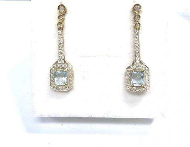 NO RESERVE PRICE - 9 kt Argento, Oro - Orecchini Acquamarine - Diamante