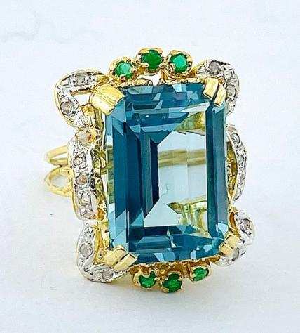 NO RESERVE PRICE quotART DECOquot - 9 kt Argento, Oro - Anello - 15.33 ct Diamante - Acquamarina, Smeraldi