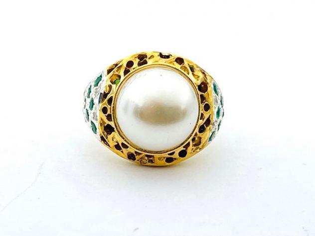 NO RESERVE PRICE quotART DECOquot Argento, Oro - Anello Perla - Smeraldi, Diamanti